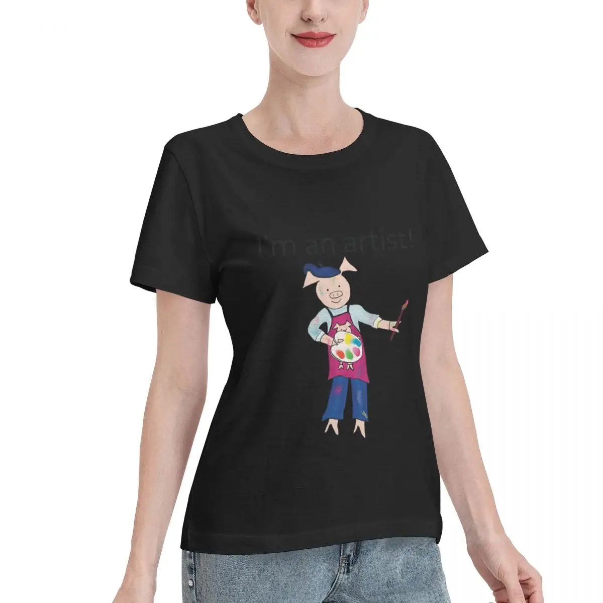 Washable Artist! I M An Artist Left Handed Pig Painter Pink Artist Women's T-shirt Classic Female Essential Clothing