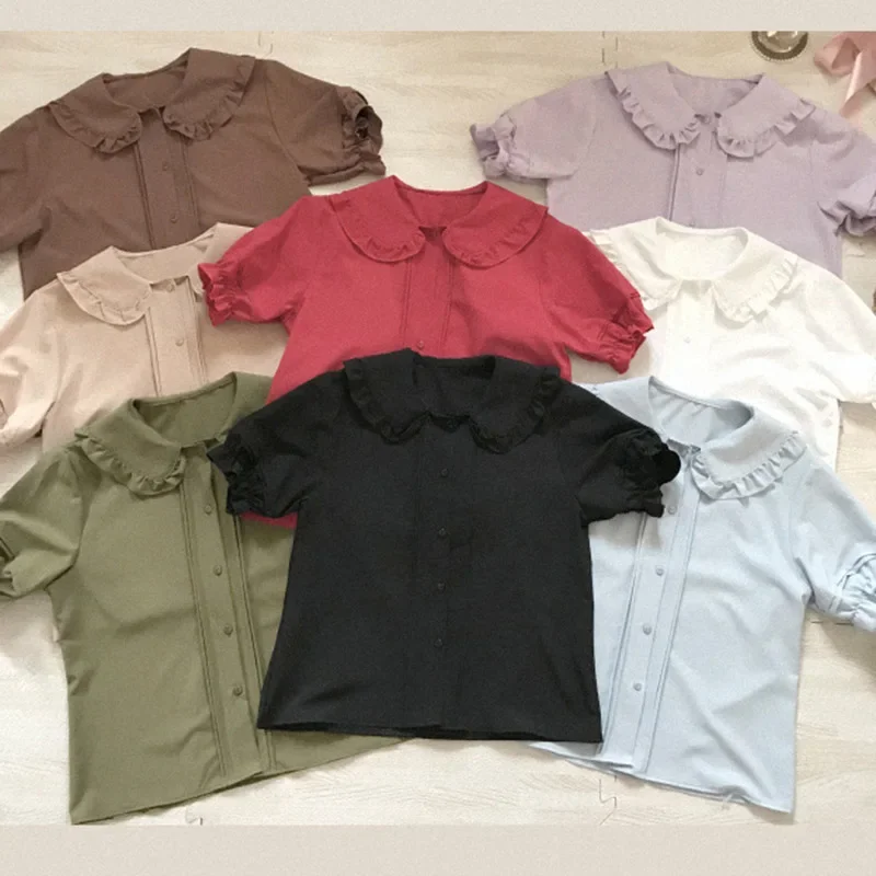 

Lolita Style Shirts Women Summer Solid Tops Peter Pan Collar Puff Sleeve Cute Blouses for Kawaii Girls