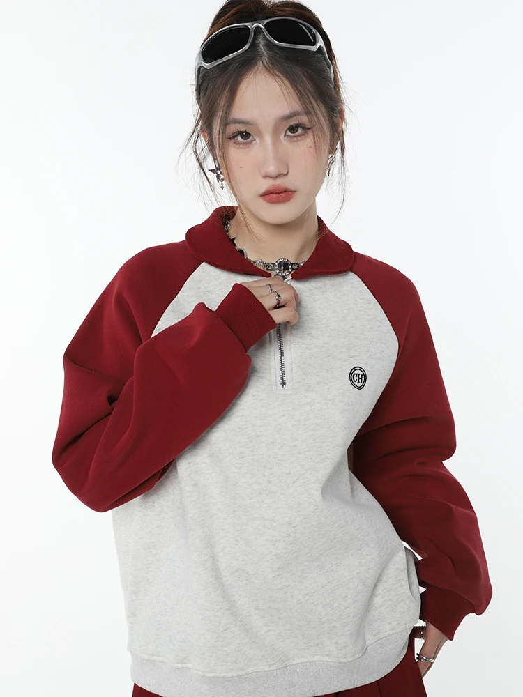 2023 koreanischen Stil Vintage Frühling Herbst Frauen klassische Kontrast farbe Hoodies Pullover Revers Langarm weibliche Sweatshirts