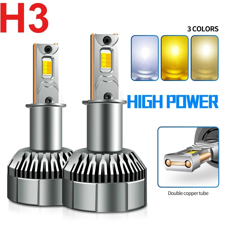 

2PCS H3 LED 50000LM 120W Headlight 12V 3000K-6500K Three-color Bulb Light Bulbs for Car LED H3 Canbus with Fan Turbo Lights