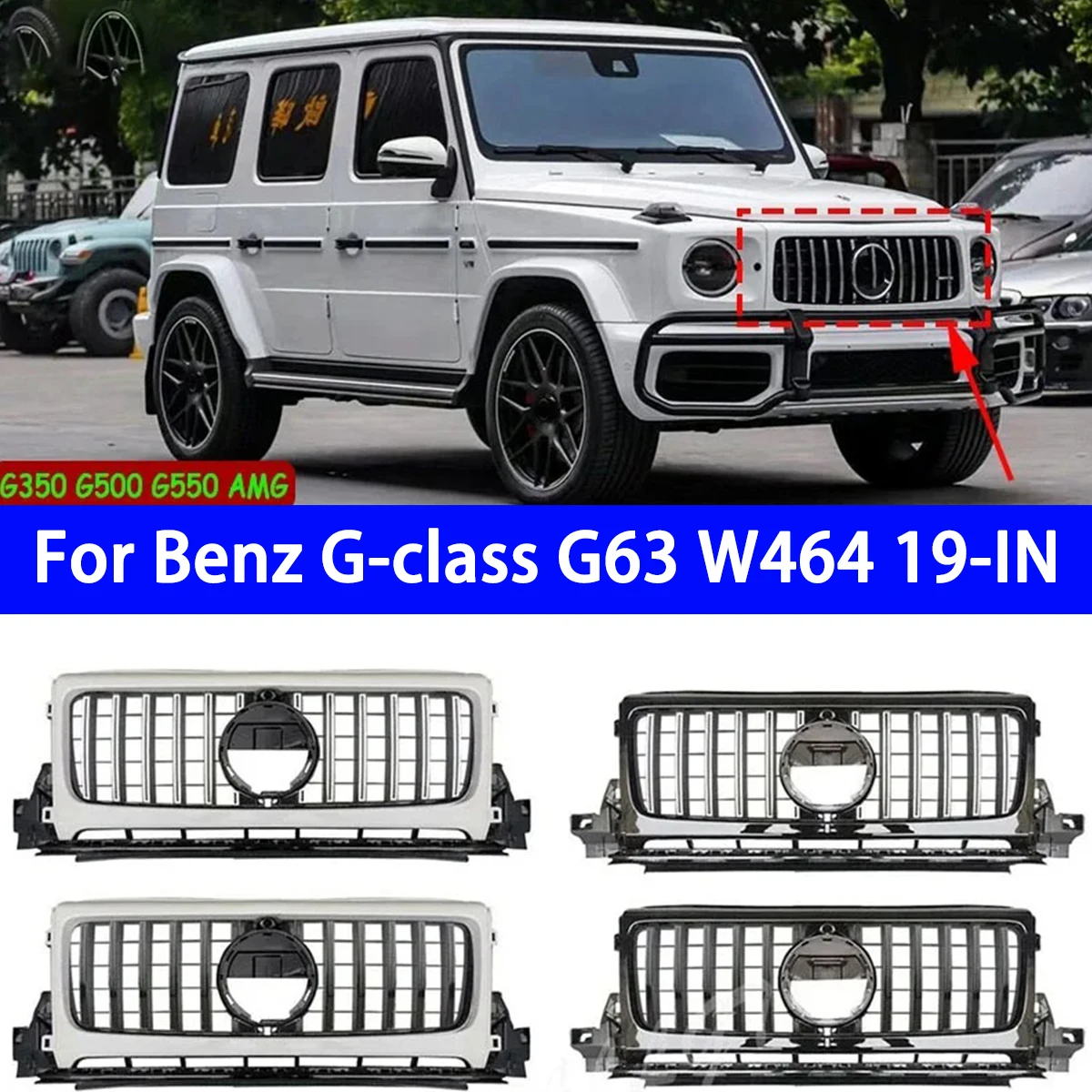 

For Mercedes Benz W464 G-Class G350 G500 G550 G63 AMG 2019-2023 GT Style Front Grille Silver/black Upper Bumper Mesh Cover