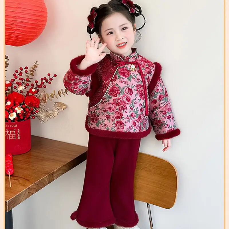 Girl Winter Cotton-Padded Jacket Suit Thicken Coat Pants Bell-Bottoms Keep Warm Child Kawaii Fashion New Style Casual Clothing