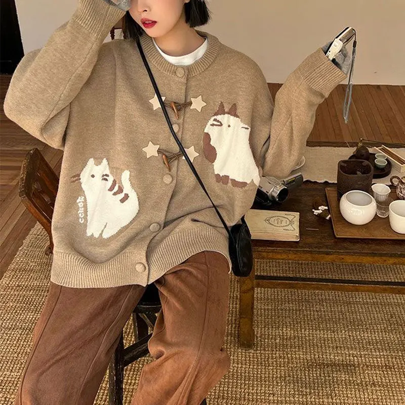 

Fashion Cat Jacquard Weave Sweaters Sweet Female Clothing Bull Horn Buckle 2024 Autumn Winter Casual Round Neck Knitted Cardigan