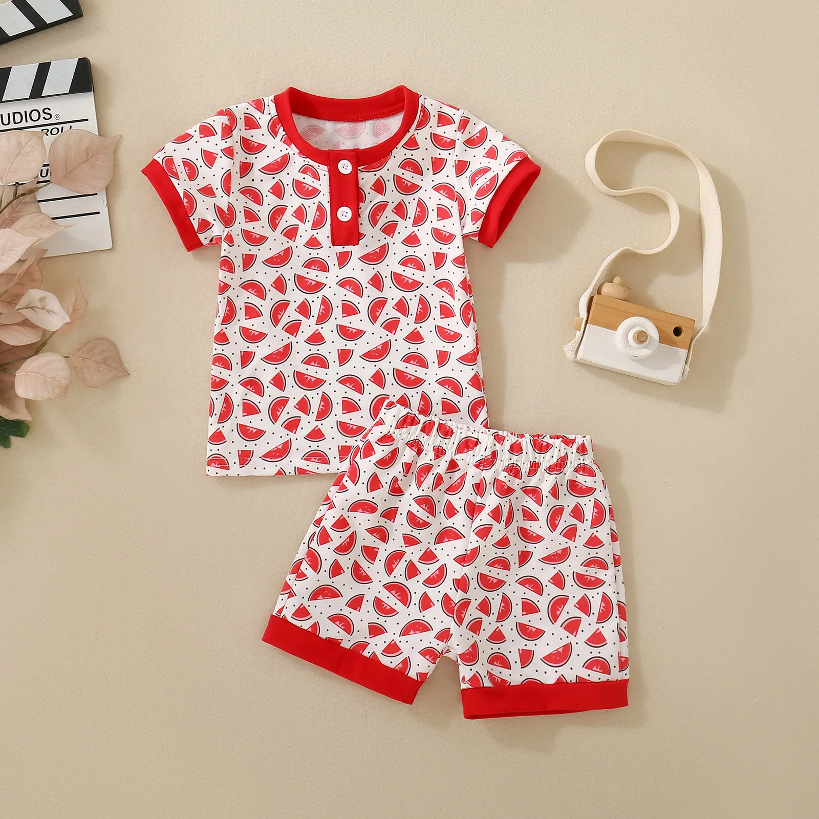 Summer Neutral Infant Watermelon Printed Short Sleeve T-Shirt + Shorts Two-piece Set