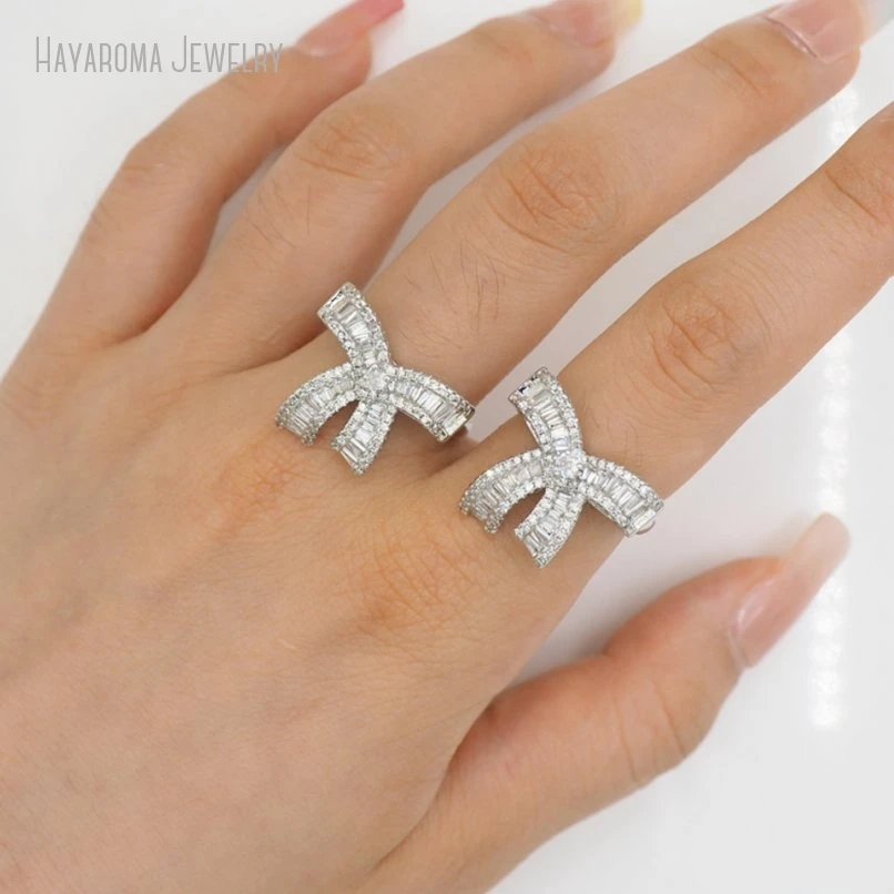 

10Pcs Copper Wholesale Metal Cubic Zirconia Invisible Setting Silver Color Bowknot Ring RM51059