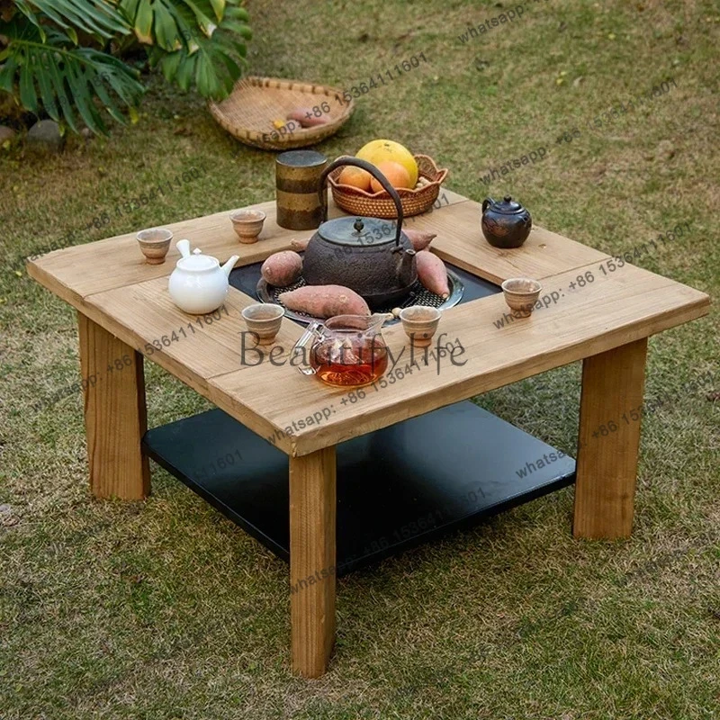 الخشب الصلب في الهواء الطلق موقد الشاي شرفة طاولة شاي مربع التدفئة الجدول النار طاولة القهوة متعددة الأغراض #3
