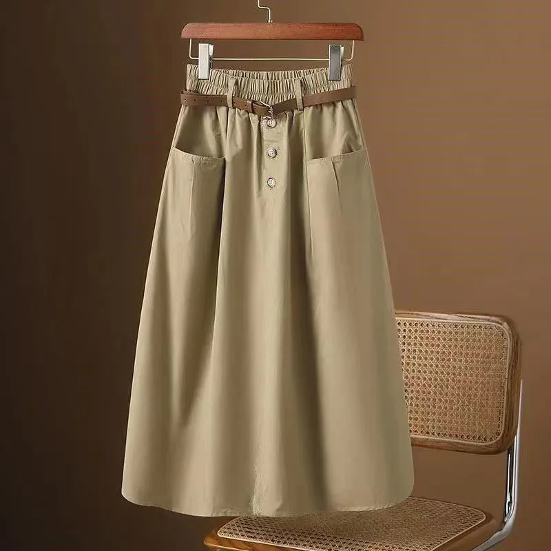 

Half Skirt Women's New A Child Skirt Elastic Waist Three Buckle Spring Summer Fashion Half Skirts Casual Female Mid-length Skirt