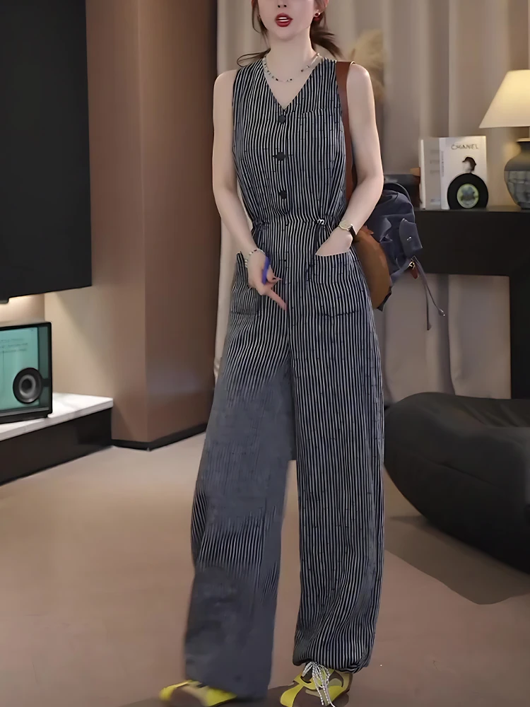 

Модный полосатый ансамбль, летняя одежда, длинные брюки с высокой талией, женский костюм V Ne Svel, винтажный один P...