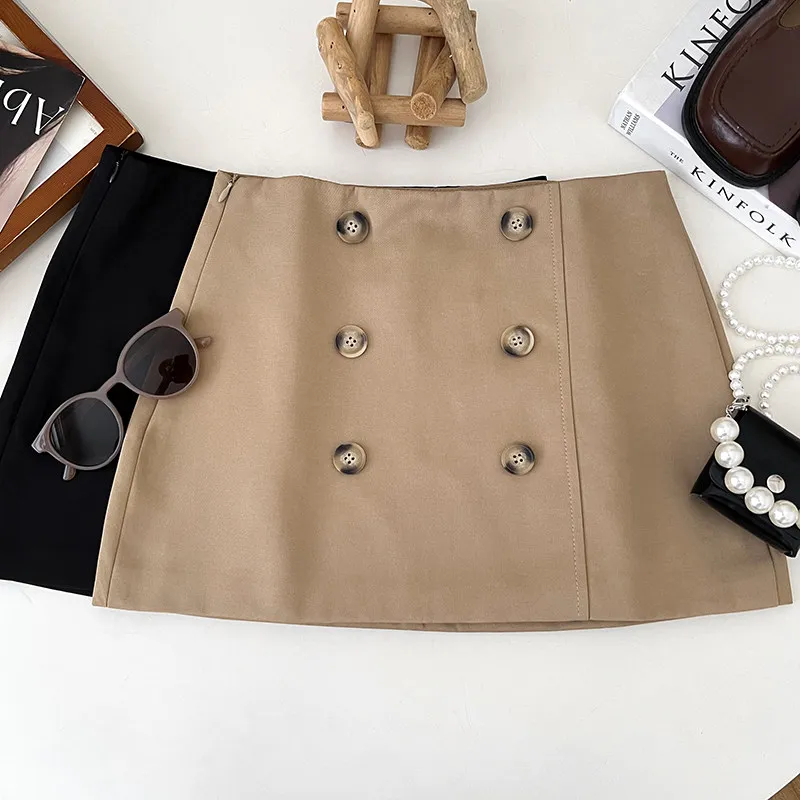 Women's Khaki Double-breasted High Waist Suit Skirt Y2K Gyaru Vintage Korean Fashion Bodycon A-line Mini Skirt for Women Summer