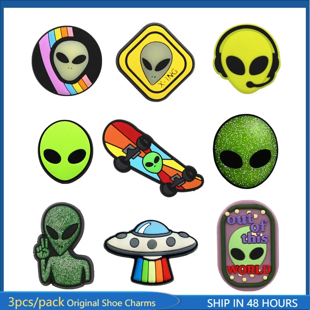 3 Pack Original Out of This World PVC Shoe Charms Designer Sandal Upper Decoration Accessories Space Alien Shape Clog Pin Buckle