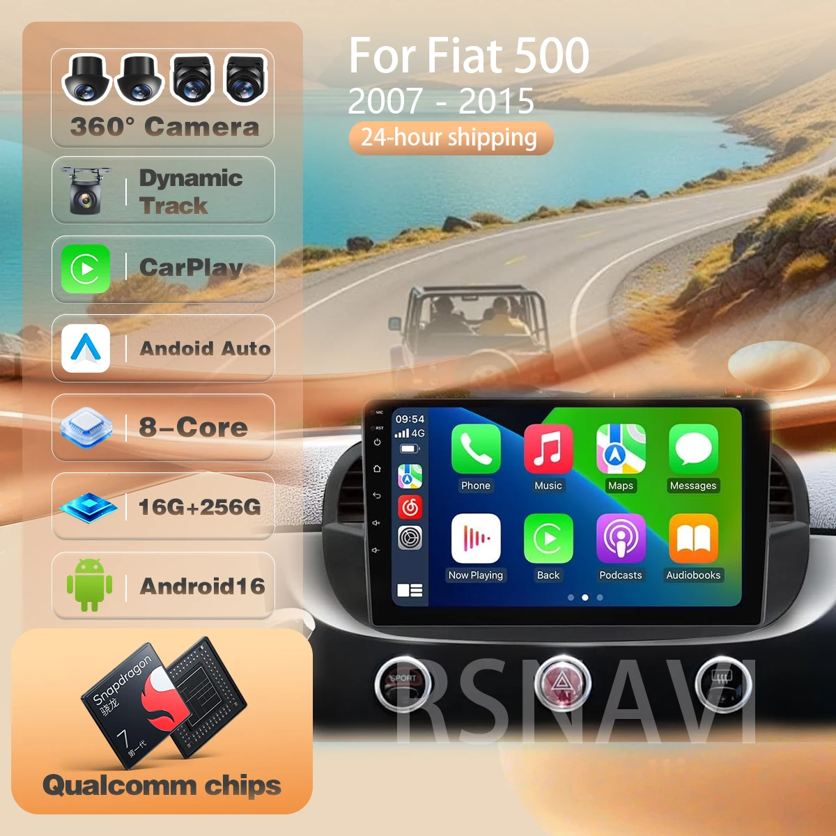 For Fiat 500 2007 - 2015 steering wheel app control Carplay Auto Car Radio Player GPS BT Multimedia Stereo Wireless Android 16 