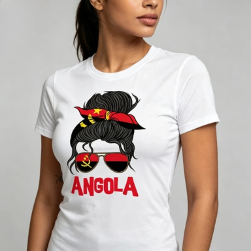 Patriotic Angola Women Modal Crew Neck Tee Angola Flag Messy Bun Girl Graphic Print National Pride Design Casual Standard Short