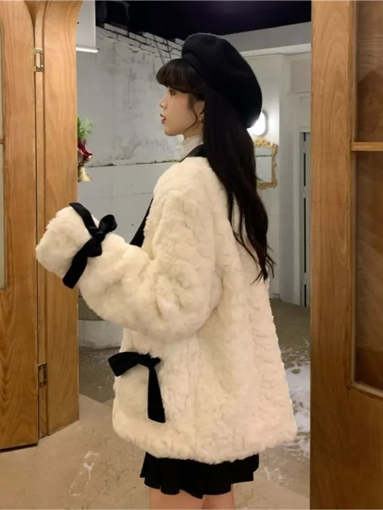 Kawaii Faux Rabbit Fur Cropped Coat Jackets Vintage Women Korean Bow Lapel Cotton Jacket Winter Thick Elegant Fleece Outerwear