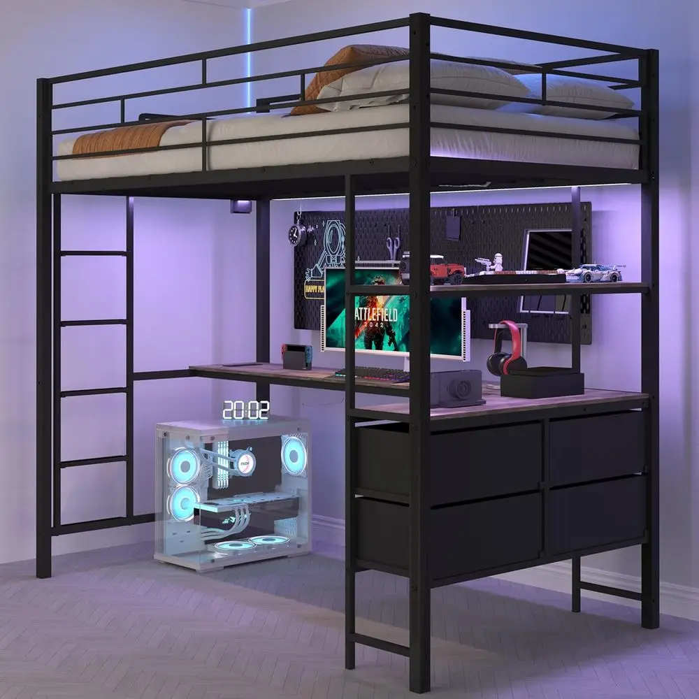 

Metal Twin Bed with Safety Rail, Non-Slip Ladder, 2 Charging Stations, L-Shaped Desk, Storage Shelf, 4 Drawers, LED Lights, Blac