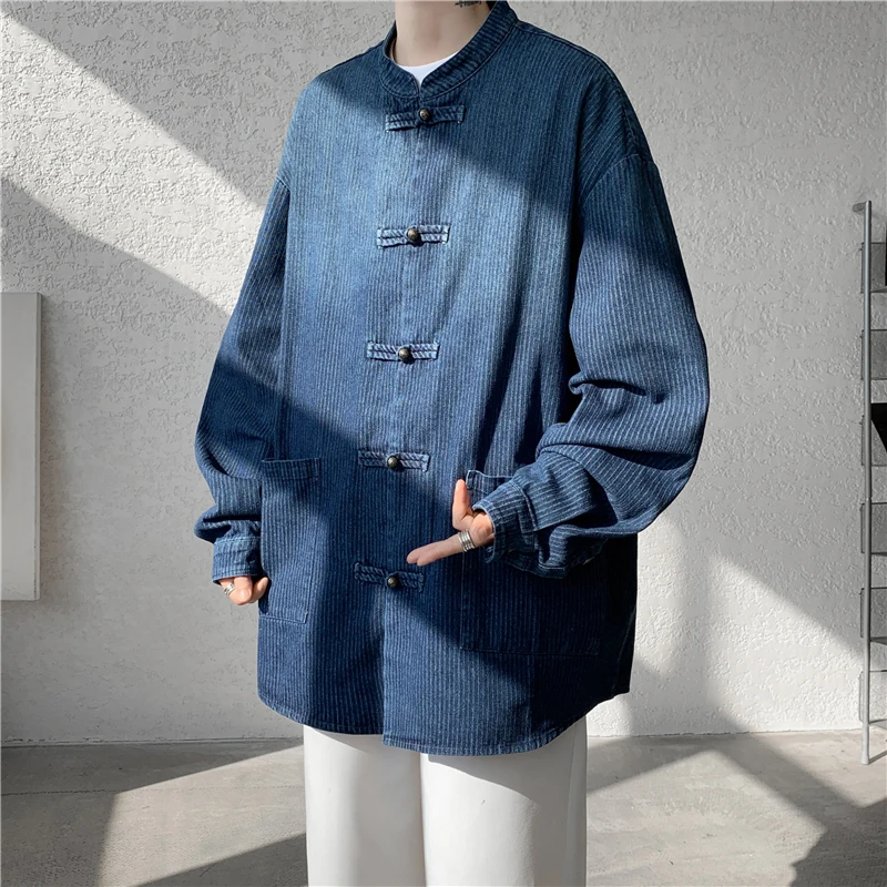 

Новая китайская джинсовая рубашка свободного кроя с воротником-стойкой для мужчин и женщин, винтажная, в полоску, в стиле танского костюма