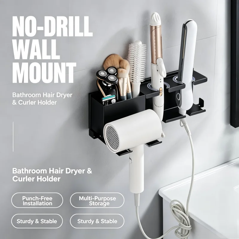 No Drill Wall Mount Hair Dryer and Curling Iron Holder, Bathroom Styling Tool Organizer Rack, Multifunctional Storage Stand