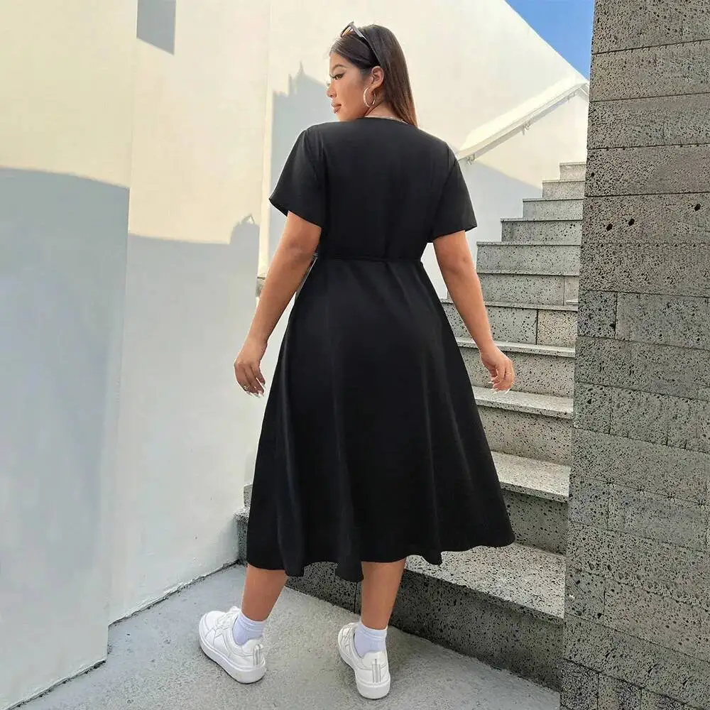 

V-neck 2025 Spring New Split Middle Long Dress Solid Color Slimming Temperament summer Short Sleeve Dress Elegantes Casual Y2k