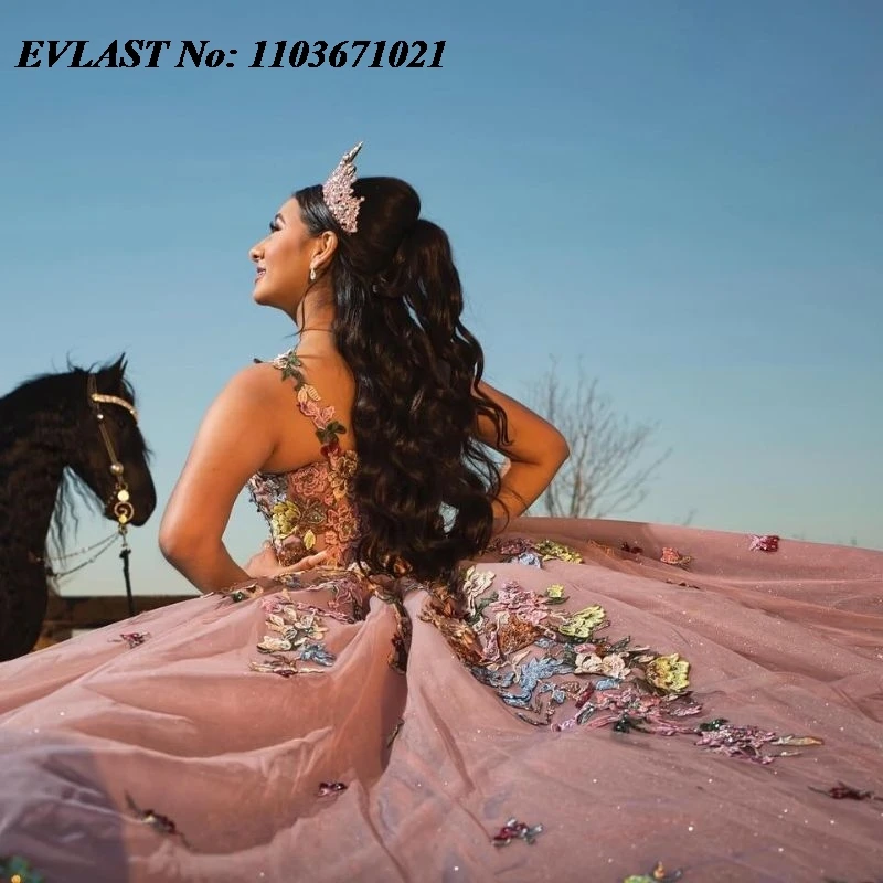 EVLAST 맞춤형 핑크 볼 가운, Quinceanera 원피스 꽃 아플리케 구슬 장식, 멕시코 스위트 16 Vestidos De XV 15 Anos SQ185