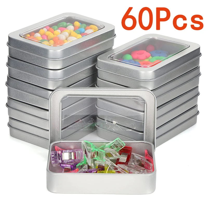 

60Pcs Rectangular Storage Tins Box with Clear Window Lid Metal Empty Tins Box Top Clear Storage Box