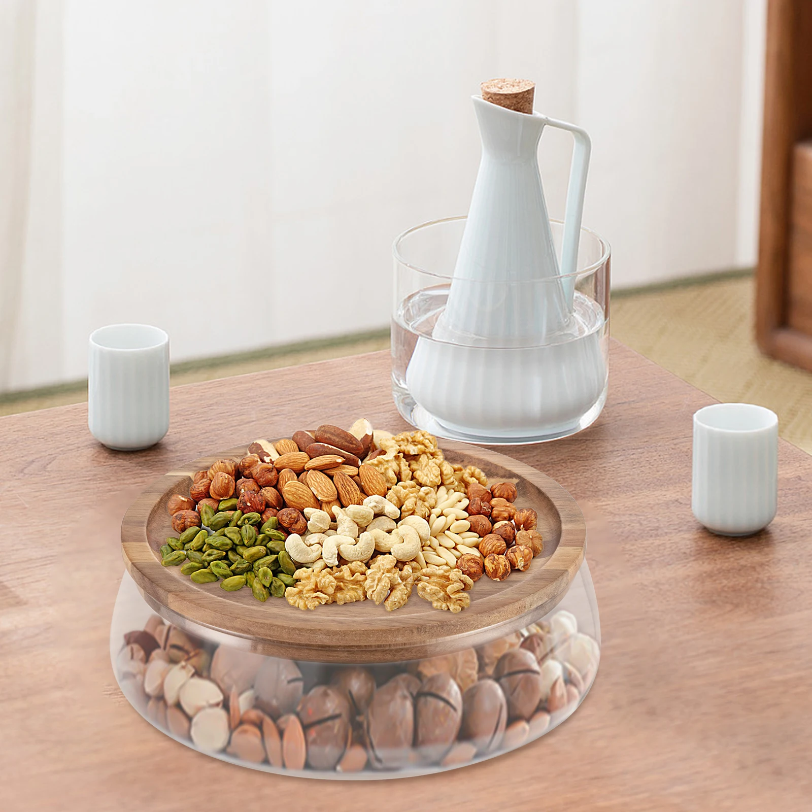 

Glass Candy Nuts Serving Storage Container Snack Tray Plates with Wooden Lid