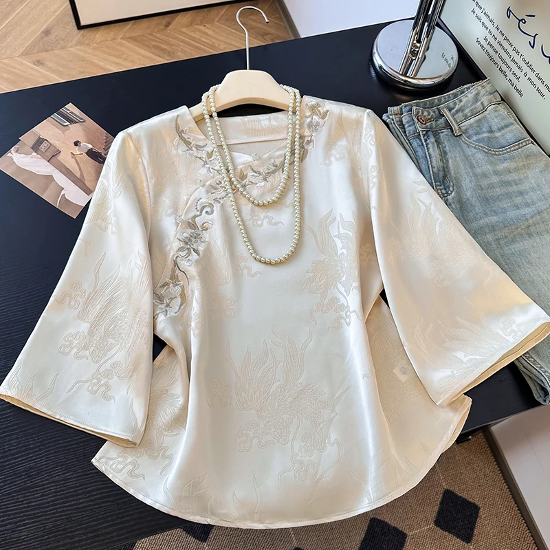 New Chinese Style Embroidered Shirt Ladies Top with Floral Pattern Wide Leg Pants Set Traditional Wedding Clothing for Women