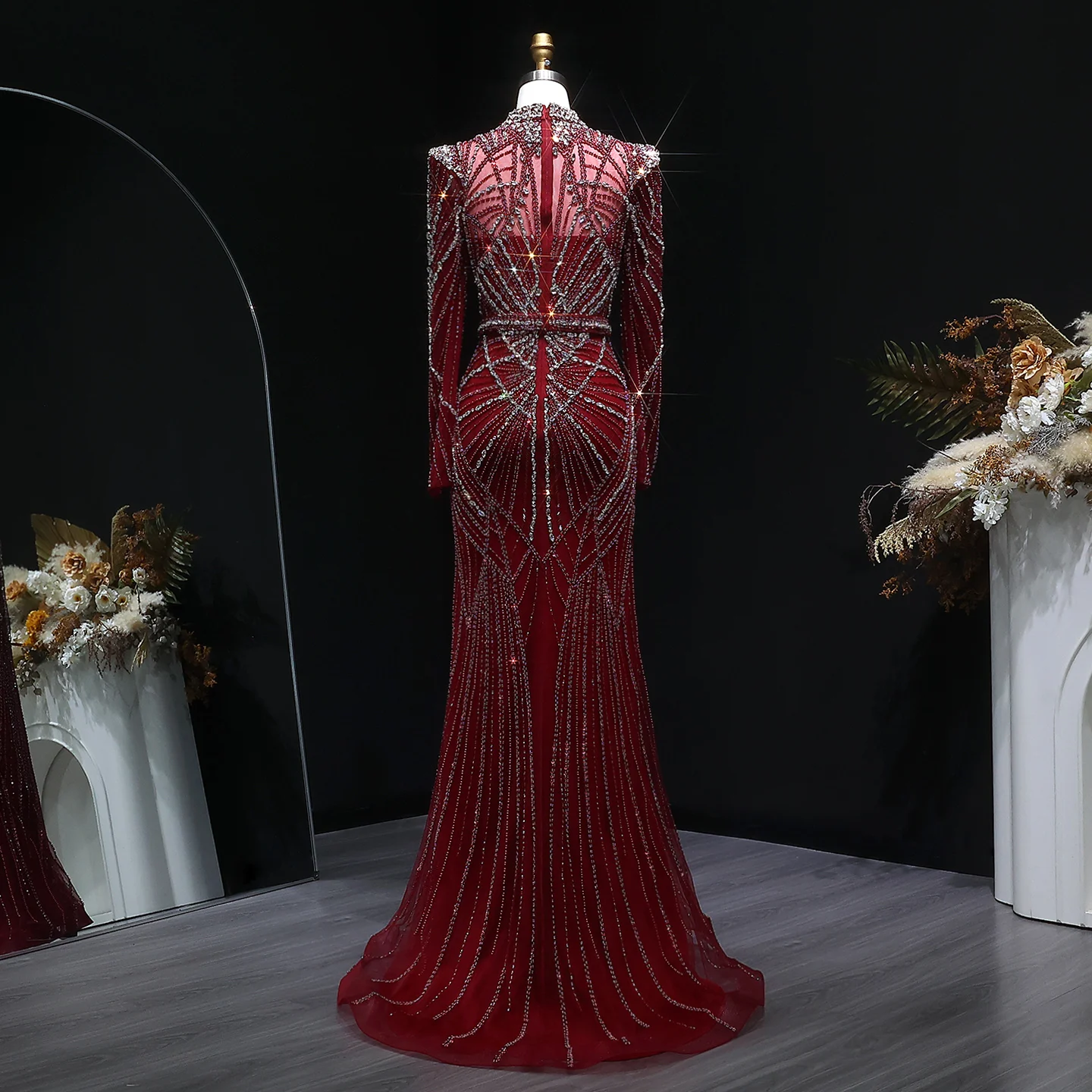 Sharon Said Luxuriöses Weinrotes Abendkleid mit Perlen-Kristall-Verzierung Elegantes Champagner-Festkleid für Damen SS186 Maßanfertigung – Detail 14