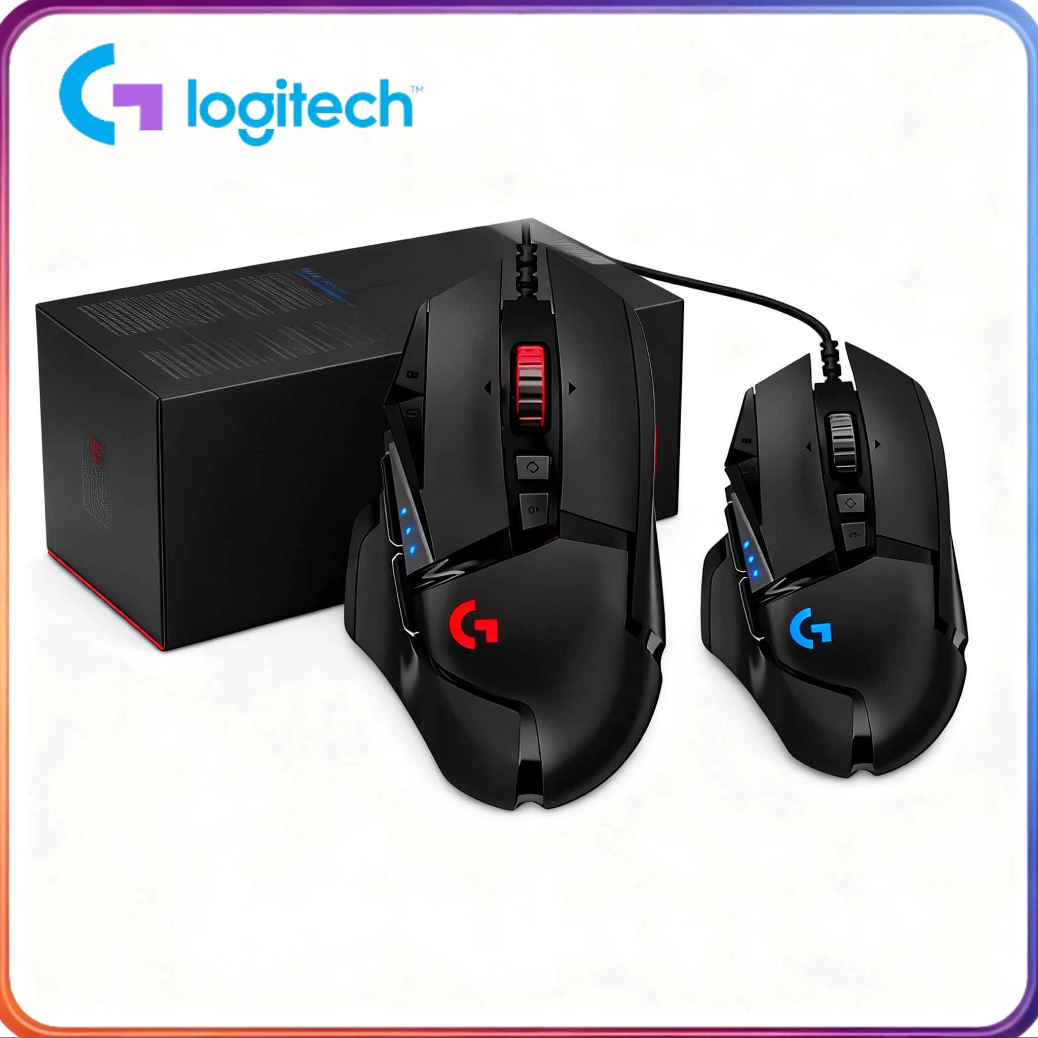 Logitech G502/G402/G203 mouse, with high DPI, RGB lighting effect, and full battery performance.