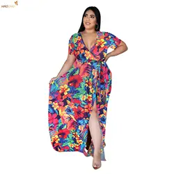 HAOOHU Women Clothing Dresses Plus Size 2023 Autumn Bohemian Beach Print Large 5XL Casual V-neck Split Short Sleeve Long Dress