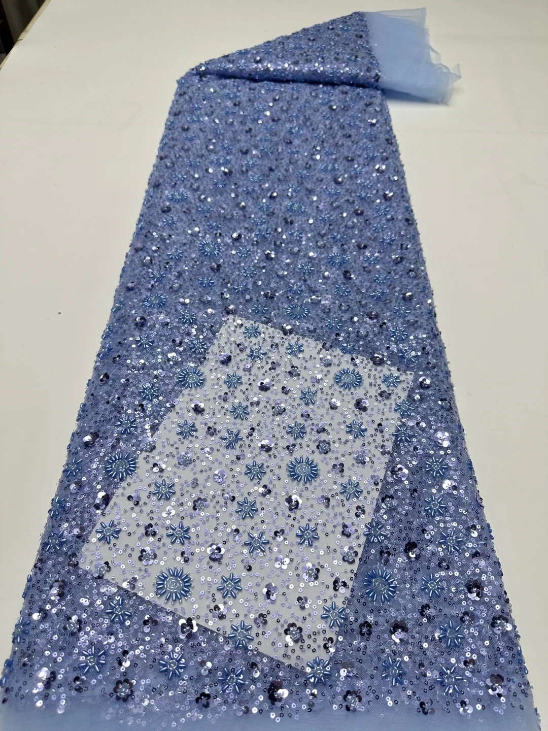 

Sky Blue Latest African Lace Fabric, Luxury French Sequins, Mesh Lace Fabric, High-end Handmade Beaded for Wedding, 2026