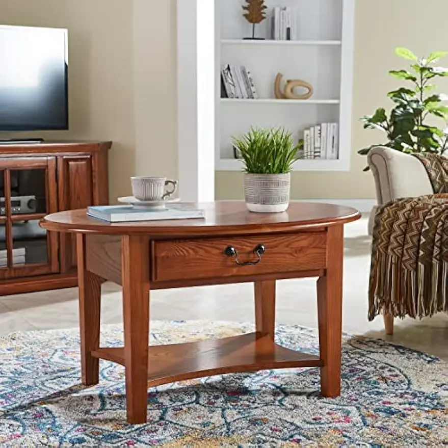 Leick Home 9044-MED One Drawer Oval Coffee Table with Shelf, Medium Oak