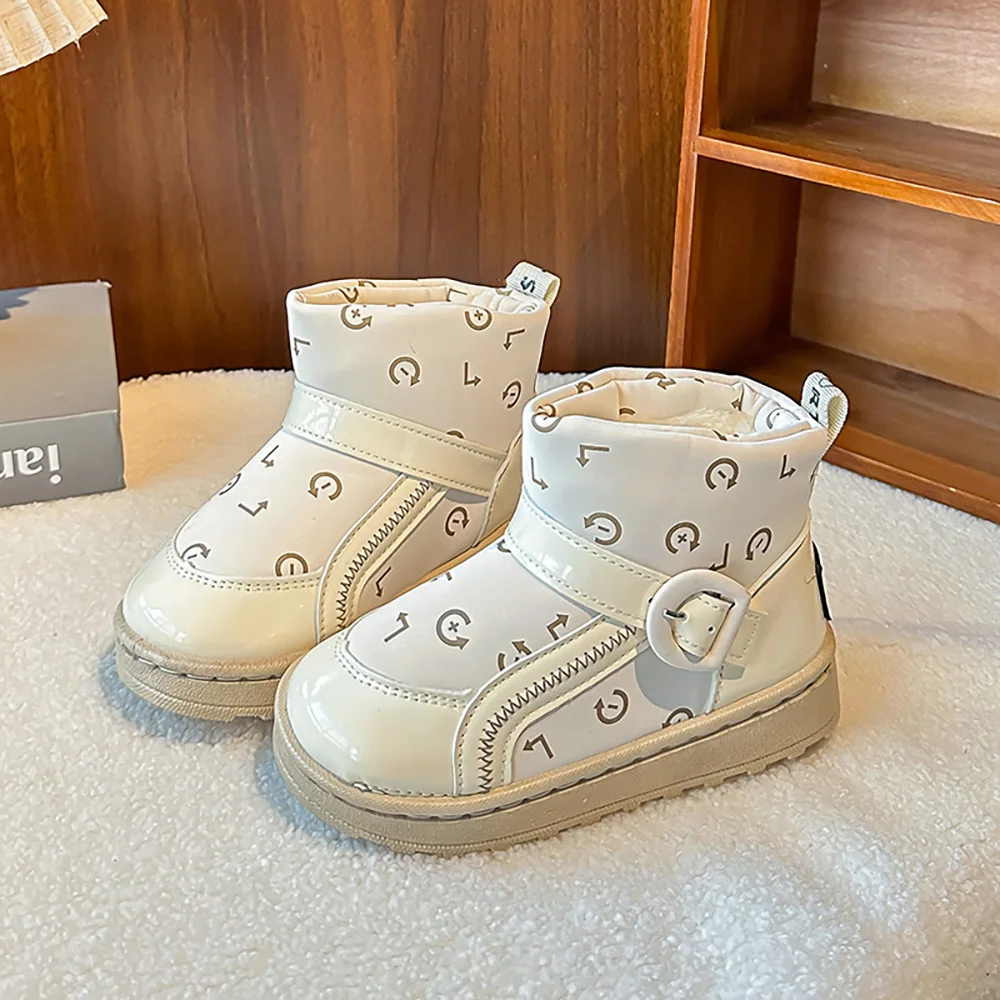 Stivali da neve in peluche in pelliccia sintetica per bambini Stivali da neve da ragazza impermeabili in pelle PU spessi e caldi per adolescenti Scarpe di cotone in velluto per bambini