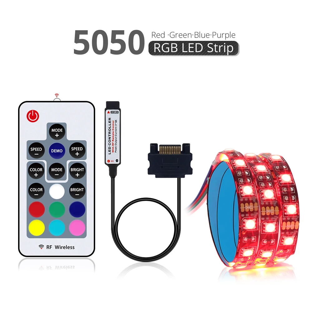 Coolo 50/100/150/200cm RGB LED Strip Light PC Computer Case Decoration Strip Light, SATA Power Supply, RF Wireless Controller