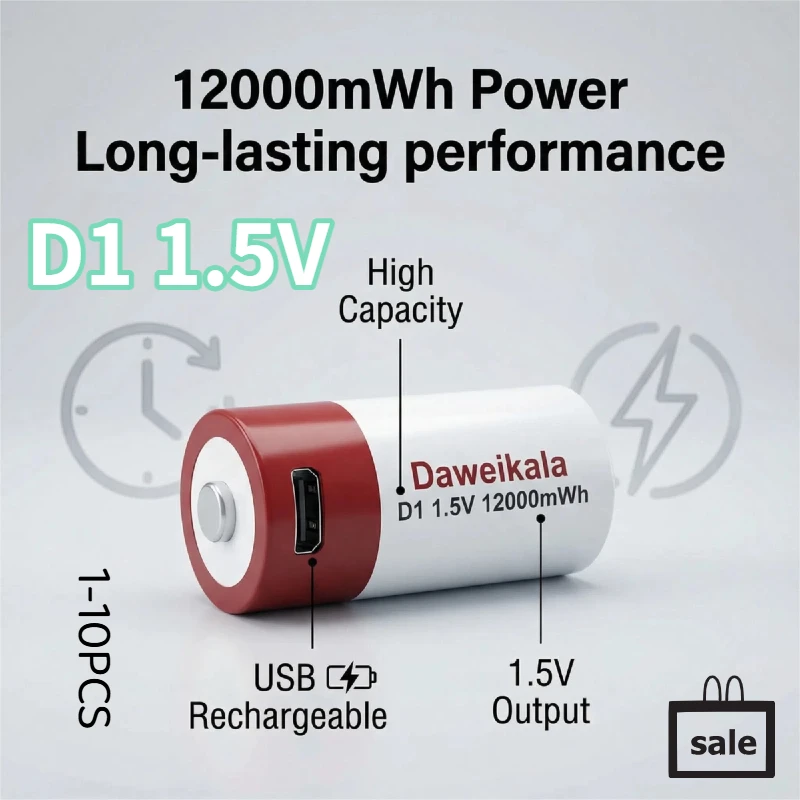D1 1.5V High-Capacity Rechargeable Lithium-ion Battery 12000mAh | USB Fast Charging Design Bonus Charging Cable Included