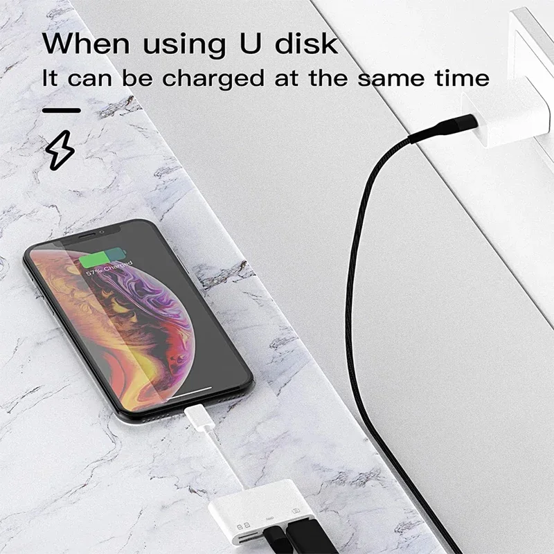 قارئ بطاقات OTG 4 في 1 متوافق مع ذاكرة كاميرا بطاقة SD/TF لهاتف iPhone 16 وسامسونج وهواوي وشاومي للشحن السريع