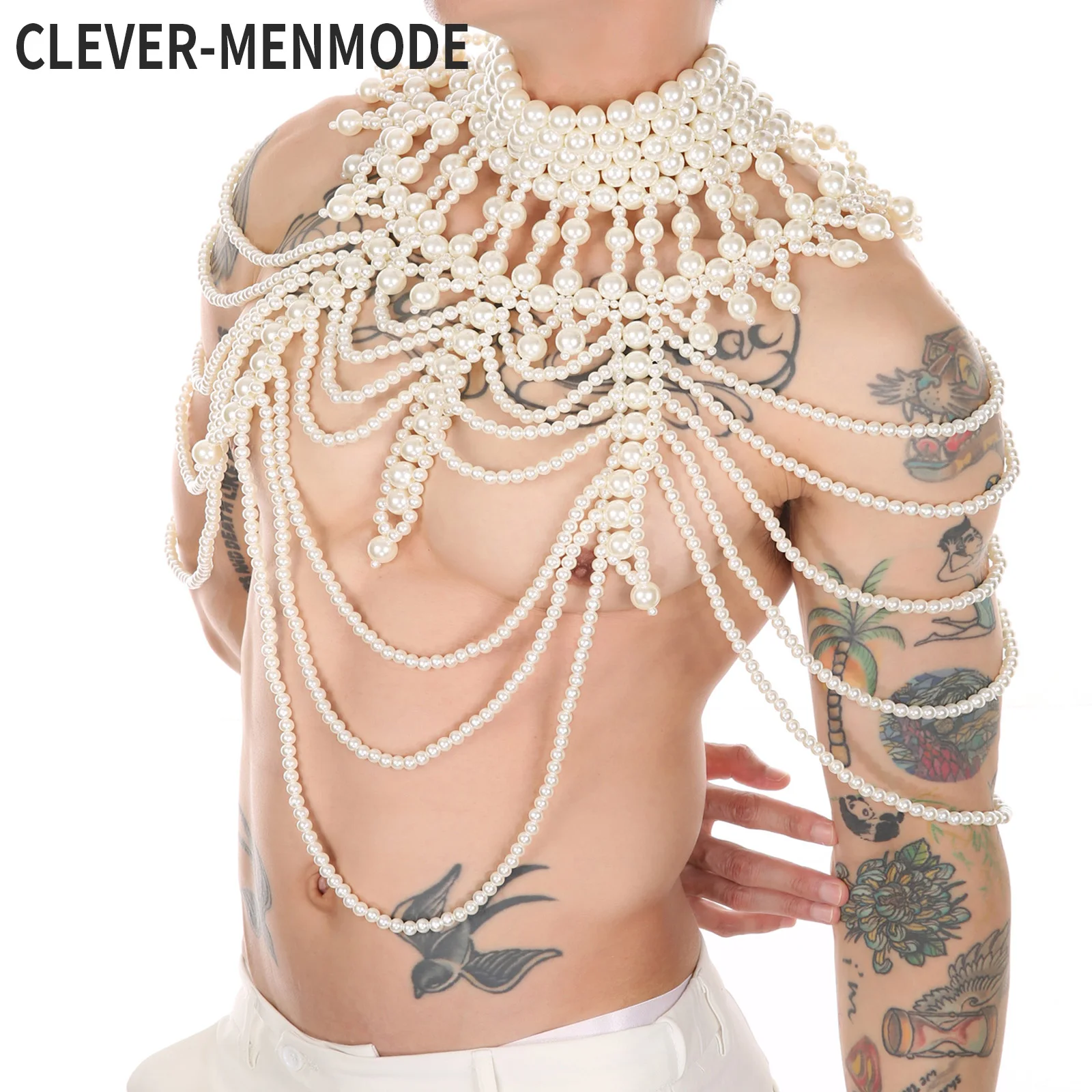 CLEVER-MENMODE Men Body Chest Harness Bondage Sexy Imitation Pearl Chain Bohemia Punk Bikini Party Rave Belly Clubwear