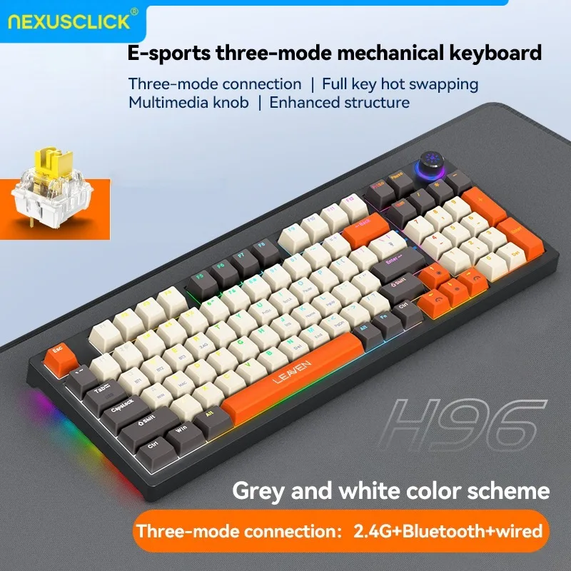 NexusClick H96 Tri-Mode Bluetooth Wireless Mechanical Keyboard with knob,E-sports Game Full Key Hot Plug keycap for Office Gamer