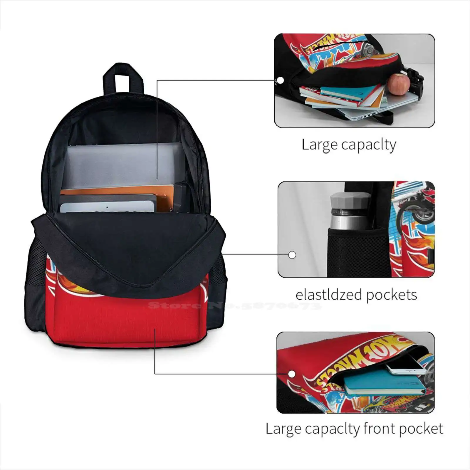 Mochila a la moda para niños, bolsa con diseño de los coches de las ruedas calientes, coches de carreras, Stickera de arte, Fanart, rueda de fuego, gran oferta