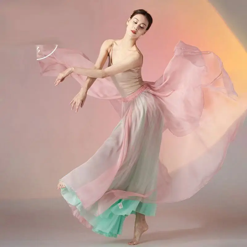 Classical Dance Skirts Women Stage Practice Clothing Outer 100D Tencel Inner 30D Chiffon 2 Layer 540 Large Swing Dancewear