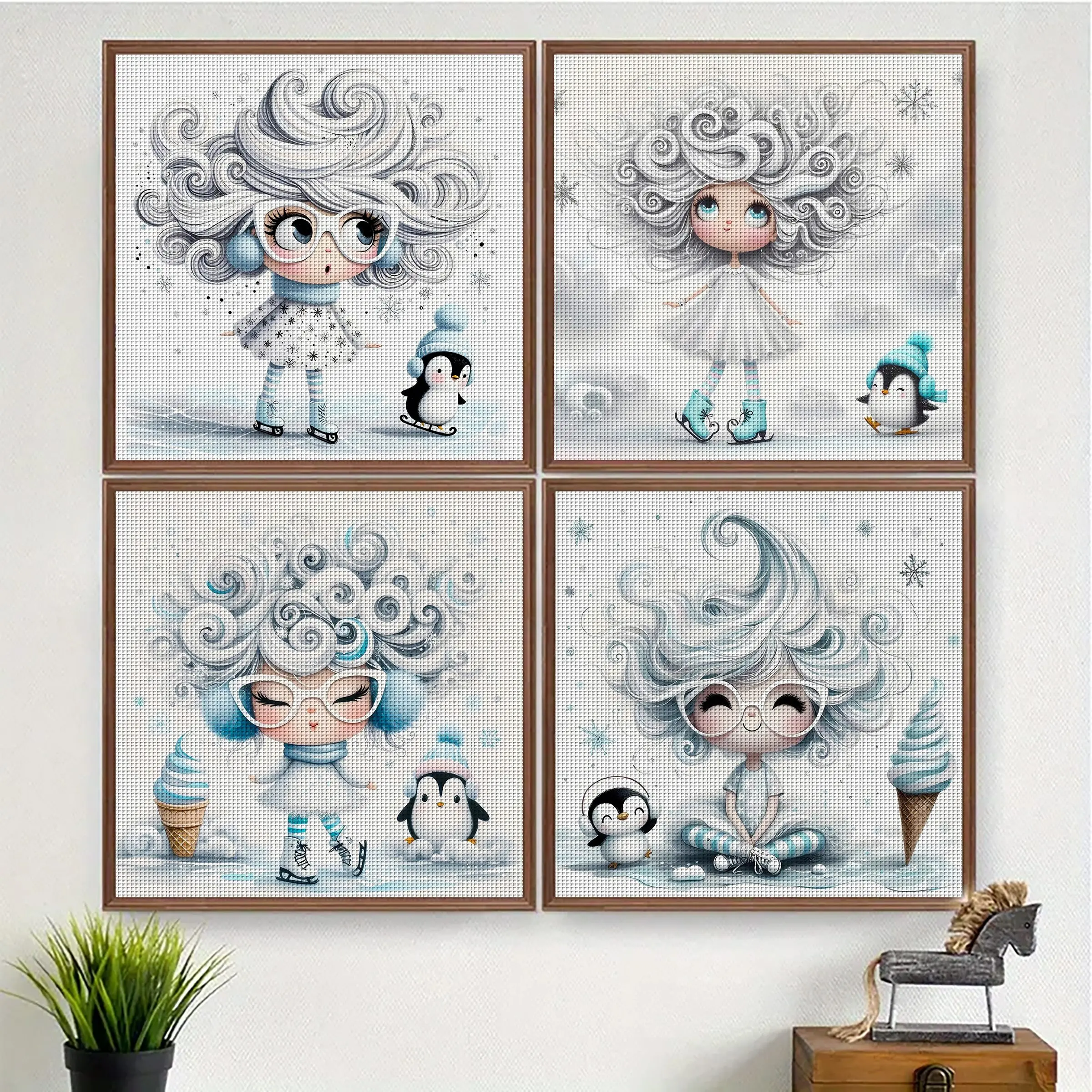 

1 шт., 46x46 см/18,11x18,11 дюймов, набор для вышивания крестиком 11CT, Зимняя девочка и пингвин, набор для вышивания крестиком для начинающих взрослых, для расслабляющей вышивки.