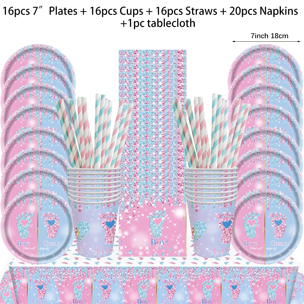 Geschlecht offenbaren Einweggeschirr-Set für Jungen oder Mädchen, Babyparty, Pappteller, Tassen, Tischdecke, Servietten, Geburtstagsparty-Dekorationen – Detail 9