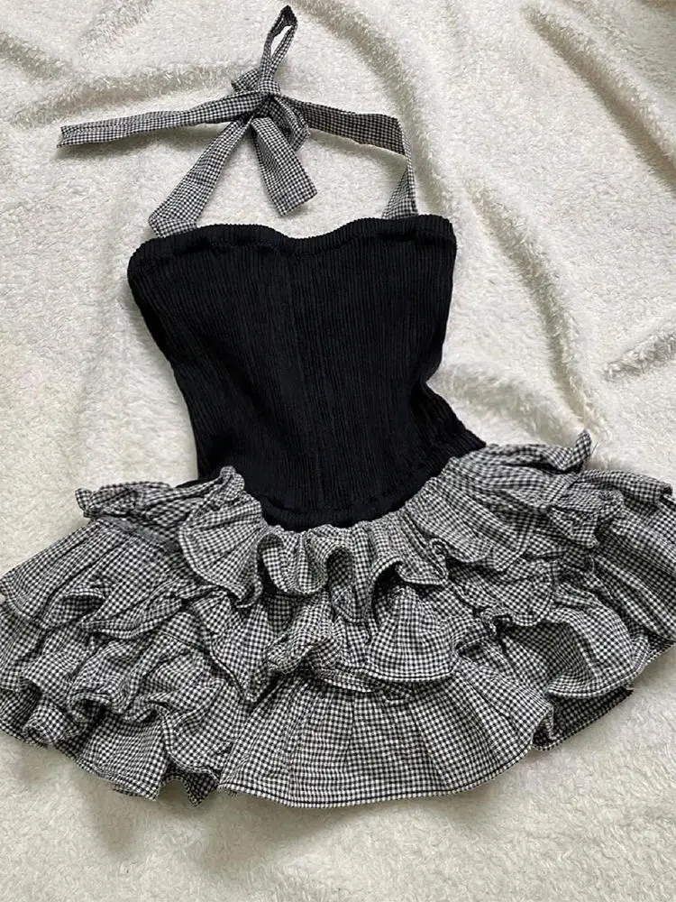 Sweet Halter Slim Sexy Womens Sling Dresses Y2K Mini Dress Ball Gown Backless 90s Summer Vintage Harajuku Korea Kawaii Hot Girl