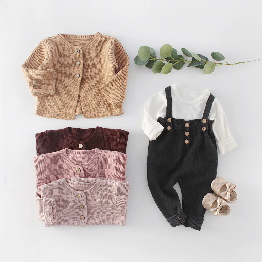 INS Baby Knitwear Clothes 0-2Years Newborn Boy Girl Solid Color Long Sleeve Knitted Cardigan Sweater Bodysuit Jumpsuit Outfits