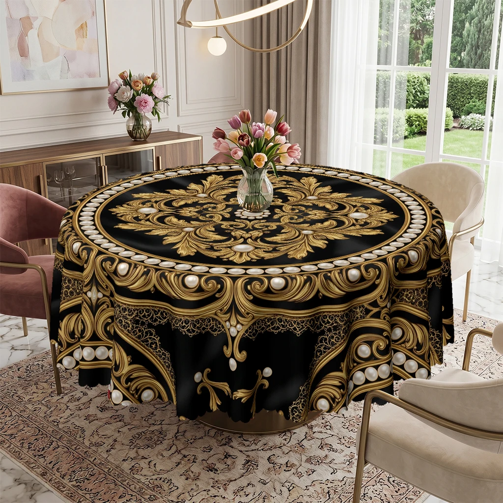 Luxury Black and Gold Baroque Round Tablecloth, Elegant Vintage Damask Floral Pearl Pattern Table Cover for Round Dining Table Room Banquet Wedding Party, Washable Decorative Table Cloth for Holiday Centerpiece Indoor Outdoor Home Decor Accent