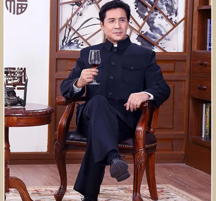 Chinese Zhongshan Jacket Men Vintage Coat Spring Elderly Blazer Improve Loose