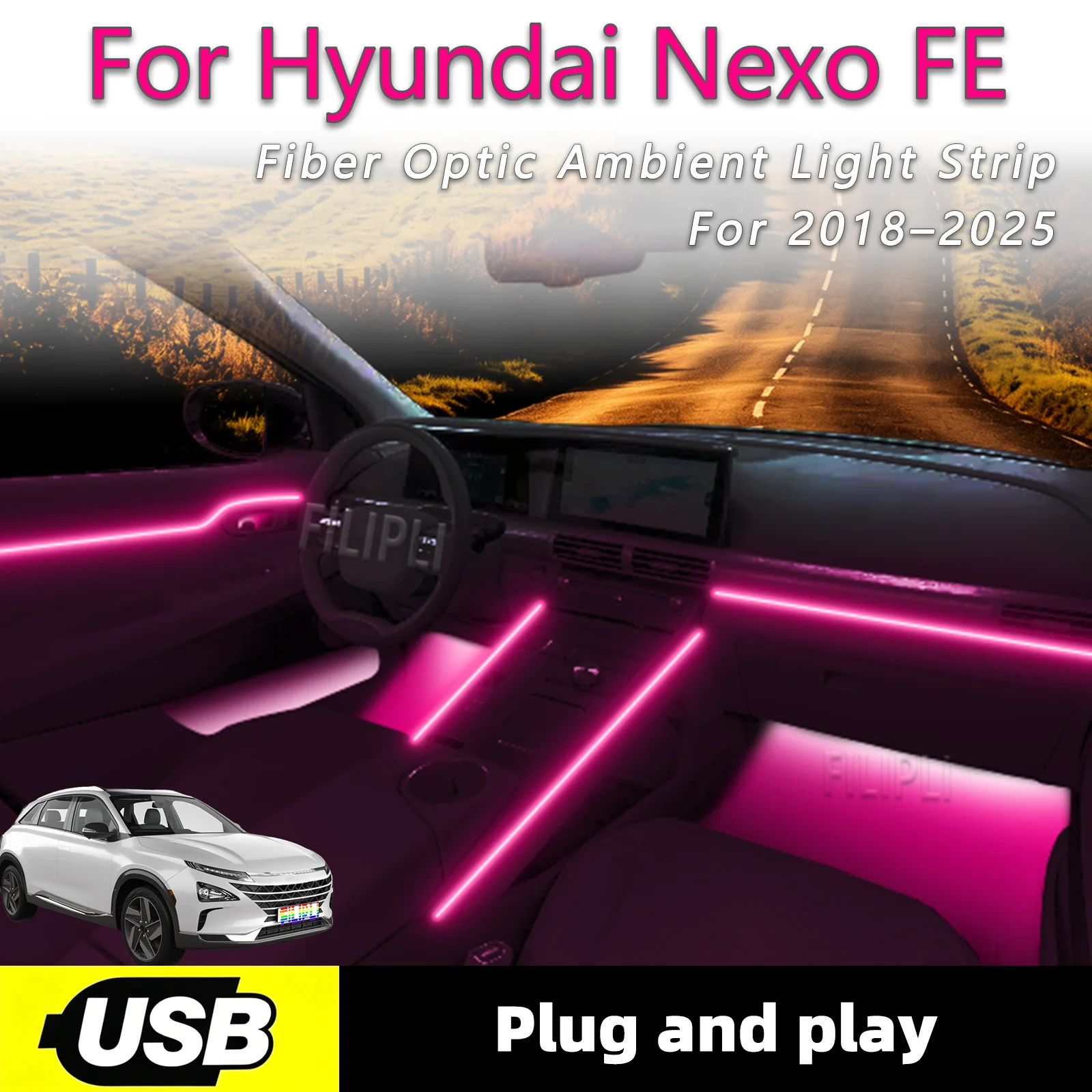 For Hyundai Nexo FE Soft Ambient Lighting Strips 2018-2025 Year 6 in1 USB Interface Vehicle Interior Ambient Lighting Strip