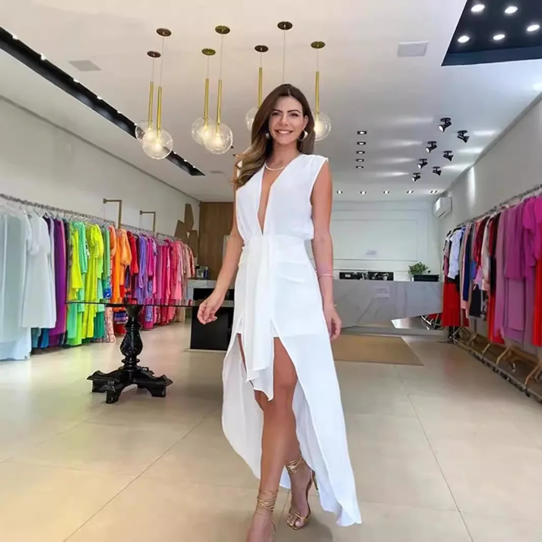 

New Summer 25 Year Big Deep V-Neck Sister Sleeveless Double Layer Dress -88150