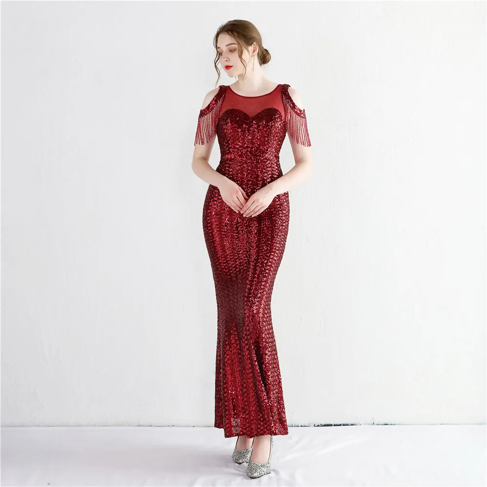 Gold Mermaid Prom Dress Designer Sequins Beading Sexy Sheer Neck Seleeveless Pageant Guest Party Evening Gown Robe De Mariée