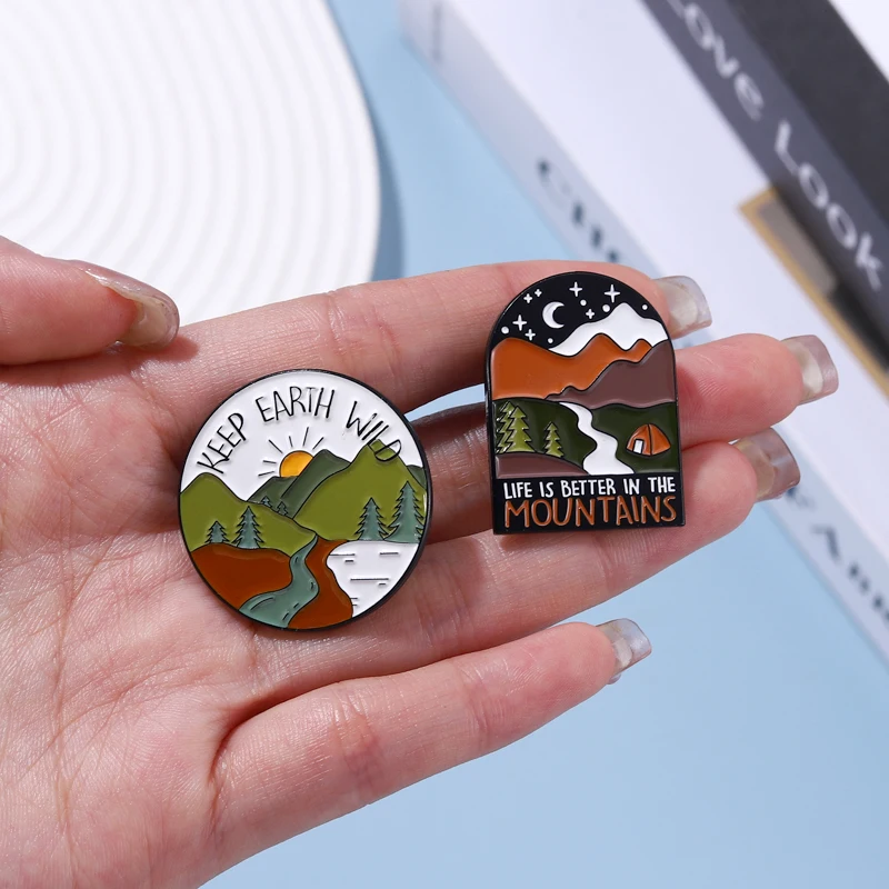 Camping Outdoors Enamel Pins Custom Wild Hiking Adventure Mountain Trip Brooches Lapel Badges Funny Jewelry Gift for Friends