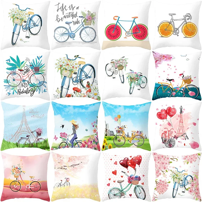 

Spring Romantic Bicycle Flowers Printed Soft Square Sofo Pillowslip Polyester Cushion Cover Peach Skin Pillowcase Home Decor