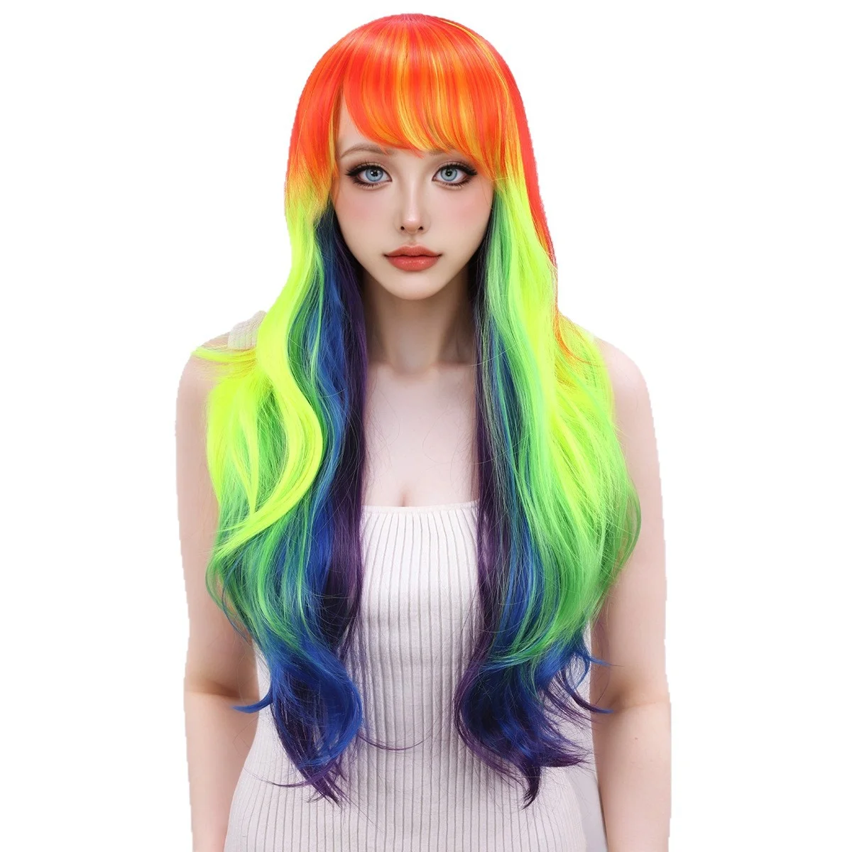 Rainbow Dash Cosplay Wigs 65cm Long Wavy Rainbow Synthetic Hair Wig for Halloween Party Play Role